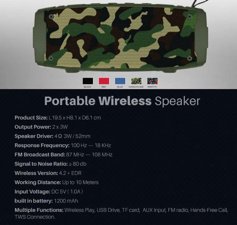 Portable Bluetooth speaker in multiple colour options including black, blue, camouflage, graffiti, hip hop, and red