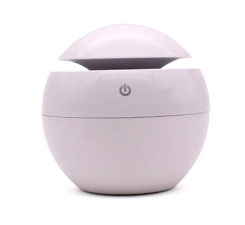 Portable USB ultrasonic atomizer humidifier in white with colorful light, 130ml tank, ABS plastic body