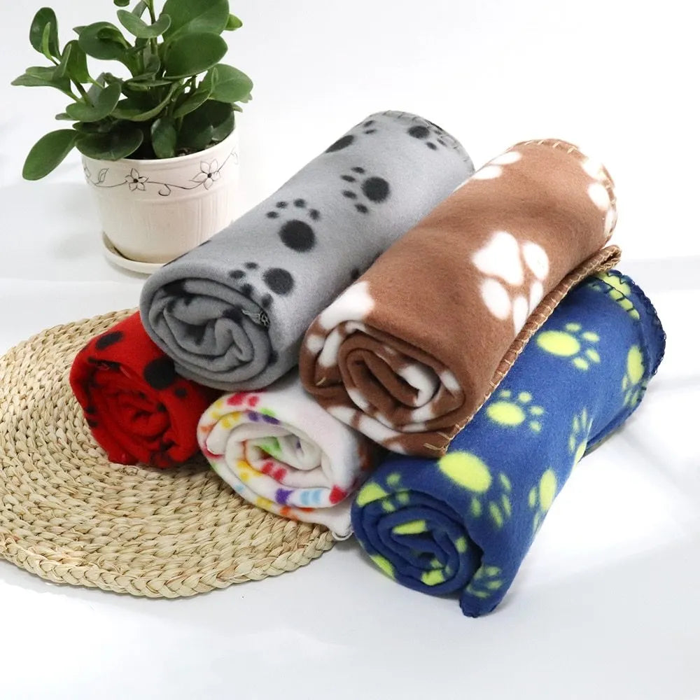 Soft double-sided fleece pet warm blanket with paw print, available in multiple colours