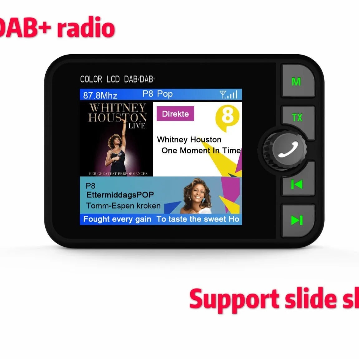 Black ABS car DAB digital receiver with 2.4-inch colour LED screen showing radio display
