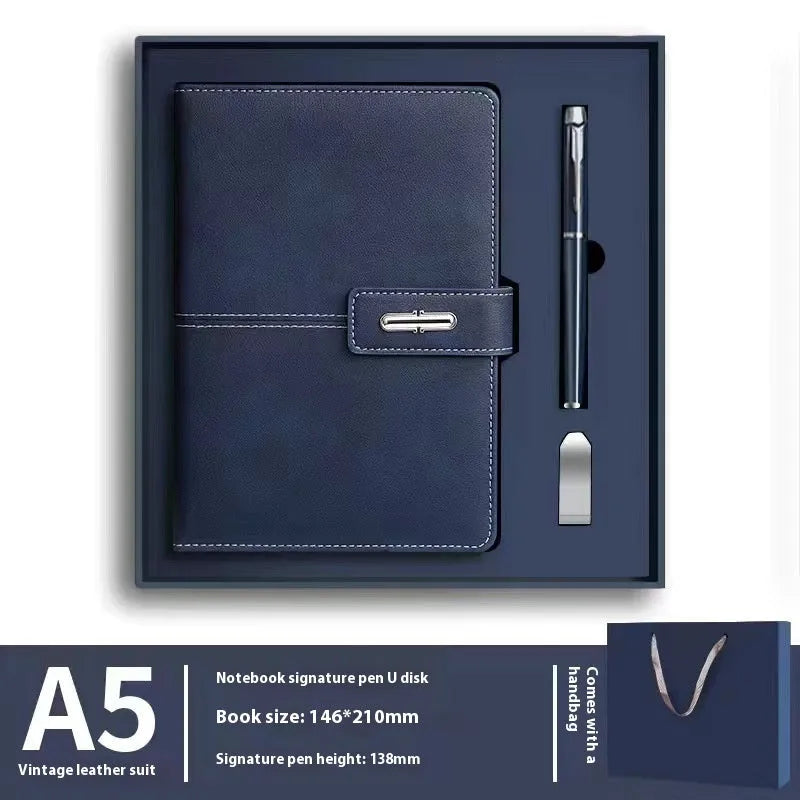 Custom A5 notebook with PU leather cover in choice of five colours and wood-free paper pages.