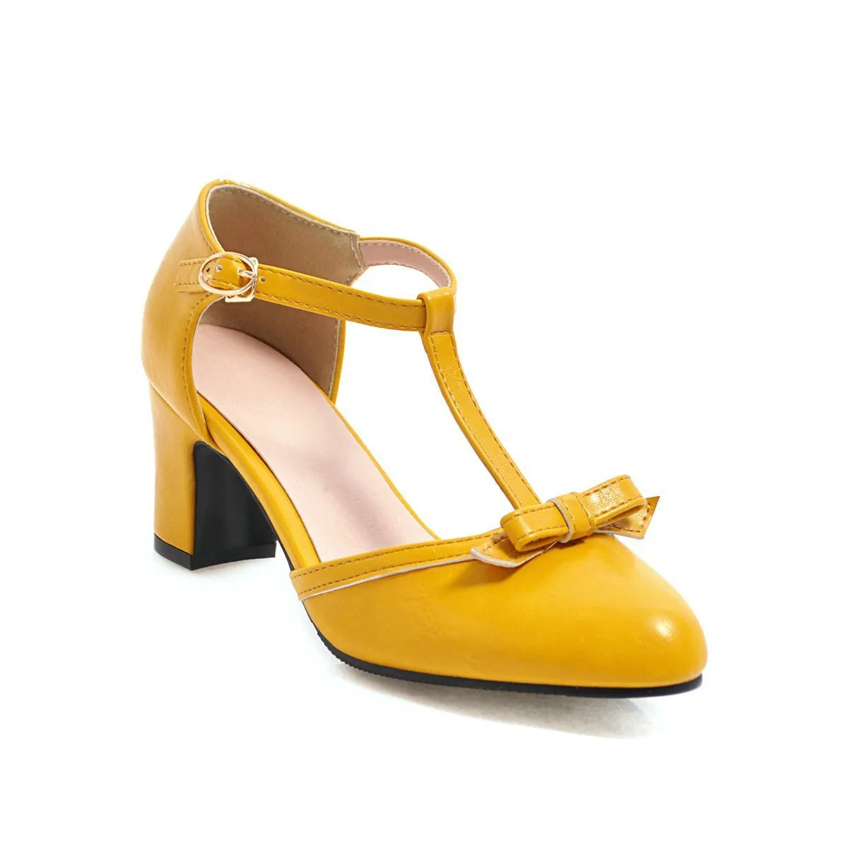 Yellow women's sandals with a chunky block heel, hollow-out design, and a buckle strap.