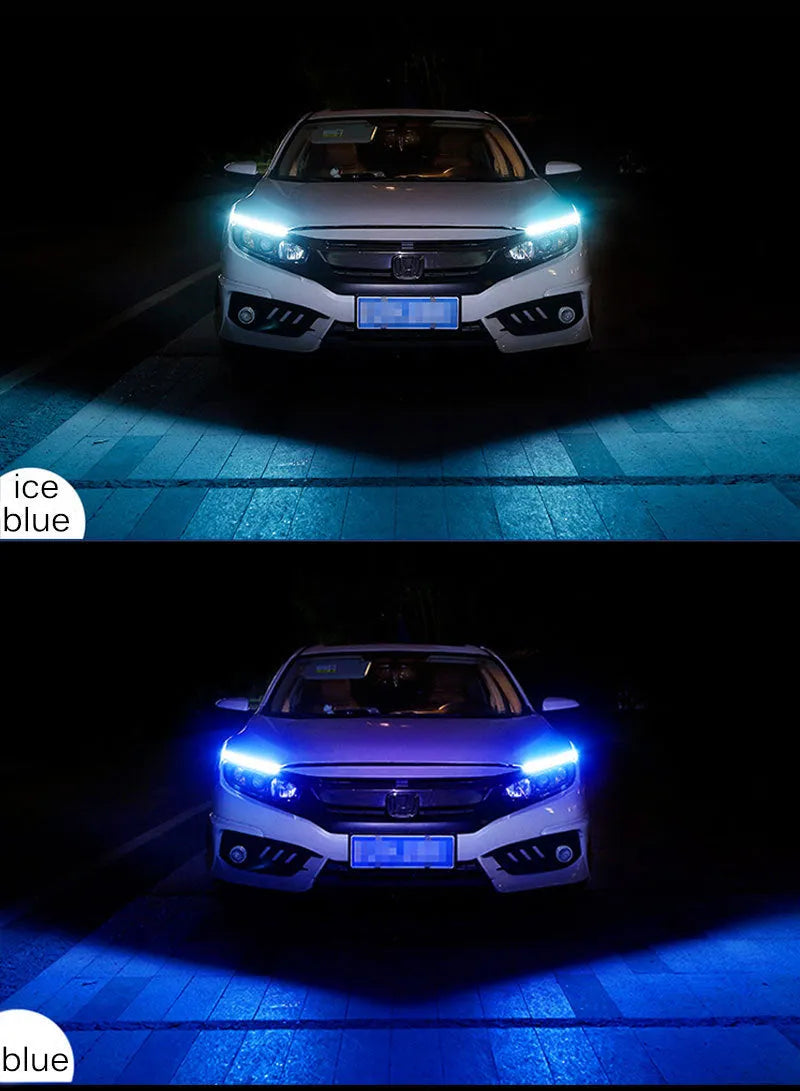 Waterproof silicone car LED daytime running light and flowing turn signal strip in multiple colours.