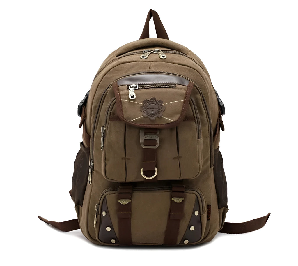 Large canvas travel backpack with air cushion strap in black, 20-35L capacity, front pocket visible