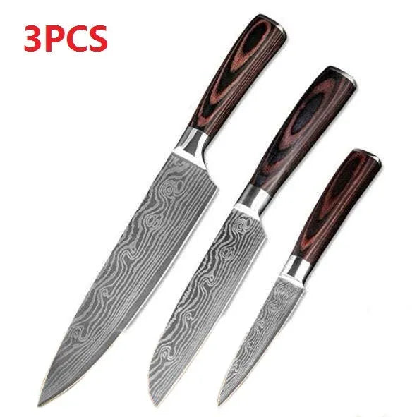 7Cr17 stainless steel kitchen knife with laser Damascus pattern on blade and colour steel handle.