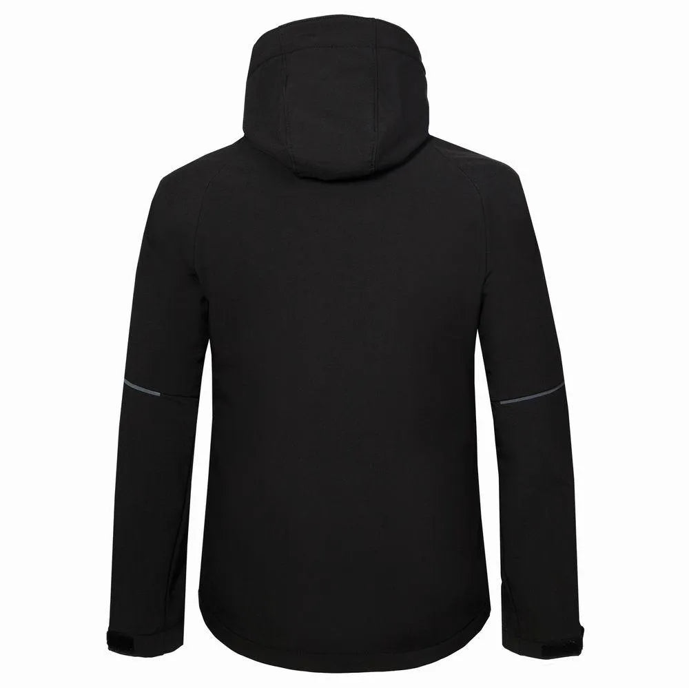 Mountaineering sport jacket in black, blue, and red, made of polyester, with full zip and stand collar