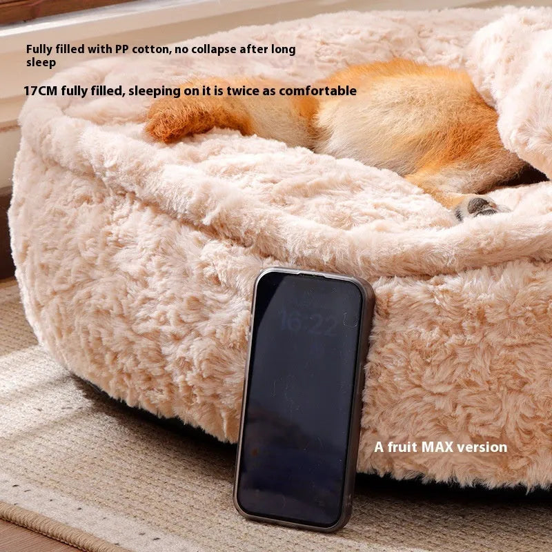 Round cloth pet bed in milk tea colour showing removable washable design for pet hygiene