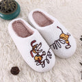 White fluffy adult slippers with cartoon pattern, rubber sole and plush upper