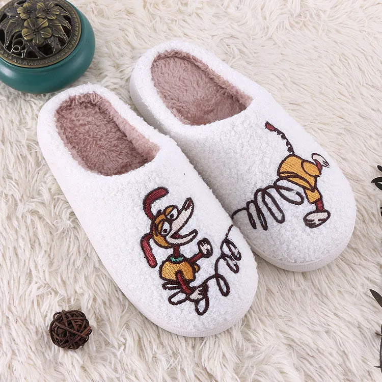 White fluffy adult slippers with cartoon pattern, rubber sole and plush upper