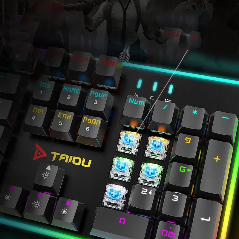 Real wired mechanical keyboard with RGB backlight, 104 keys, metal frame, USB cable