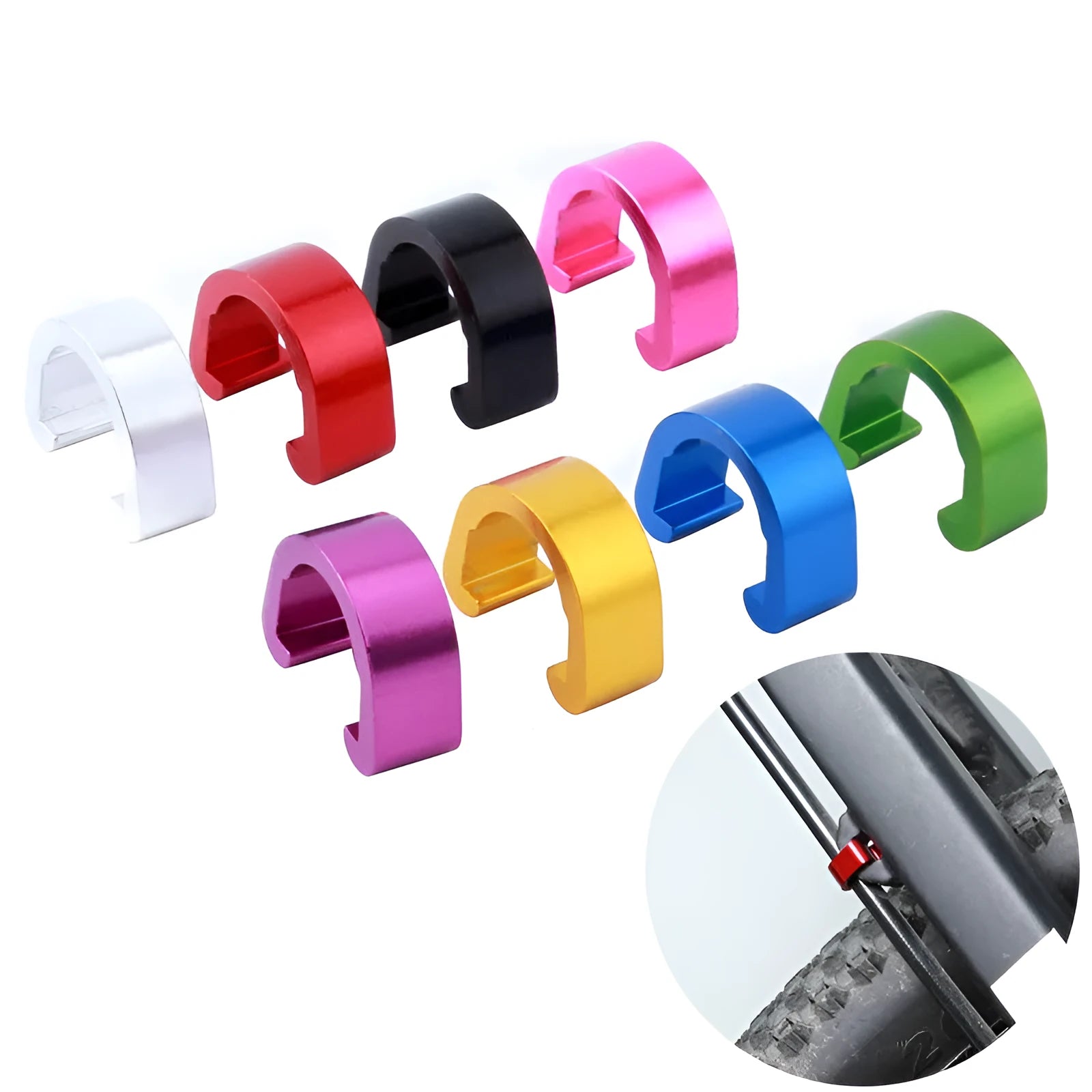 Pack of ten aluminium alloy C-shaped buckles in assorted colours including black, blue, gold, green, pink, purple, red, and silver.