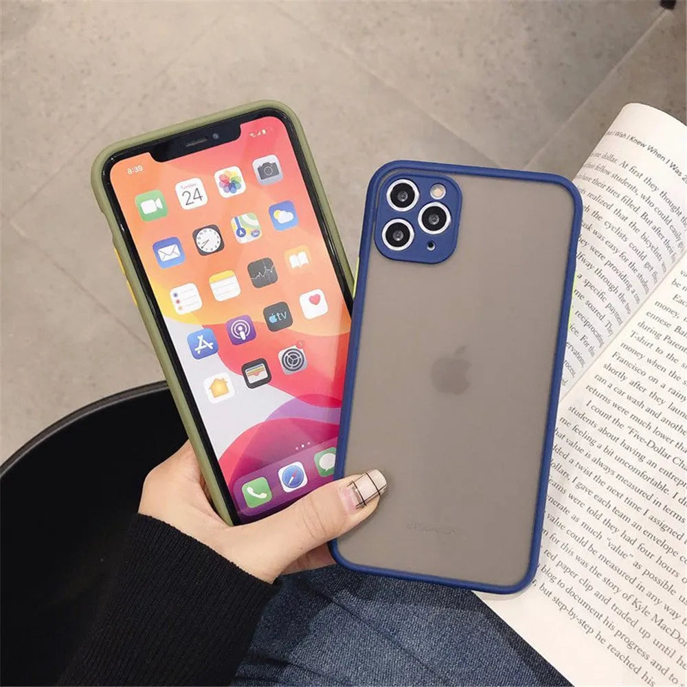 Transparent solid colour silicone shockproof protective case for iPhone on a dark background.