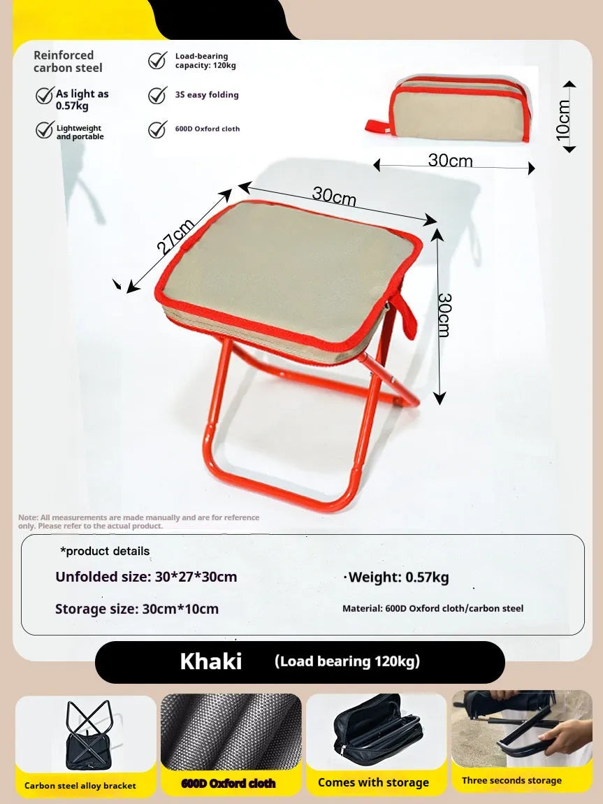 A lightweight foldable camp stool with an Oxford cloth seat, shown in a collapsed pencil box design.