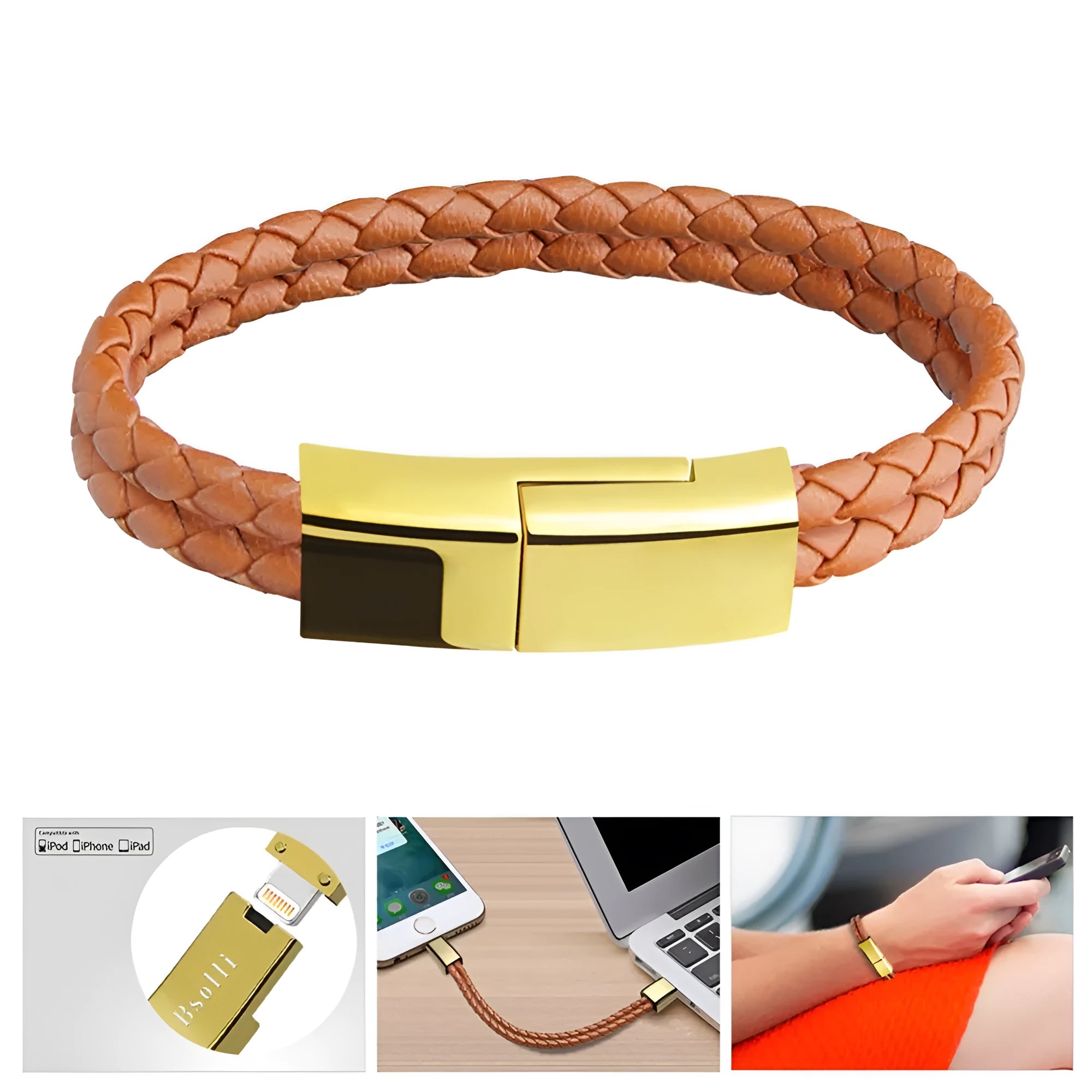 Brown bracelet charging cable with Mini USB connector and gift box packaging