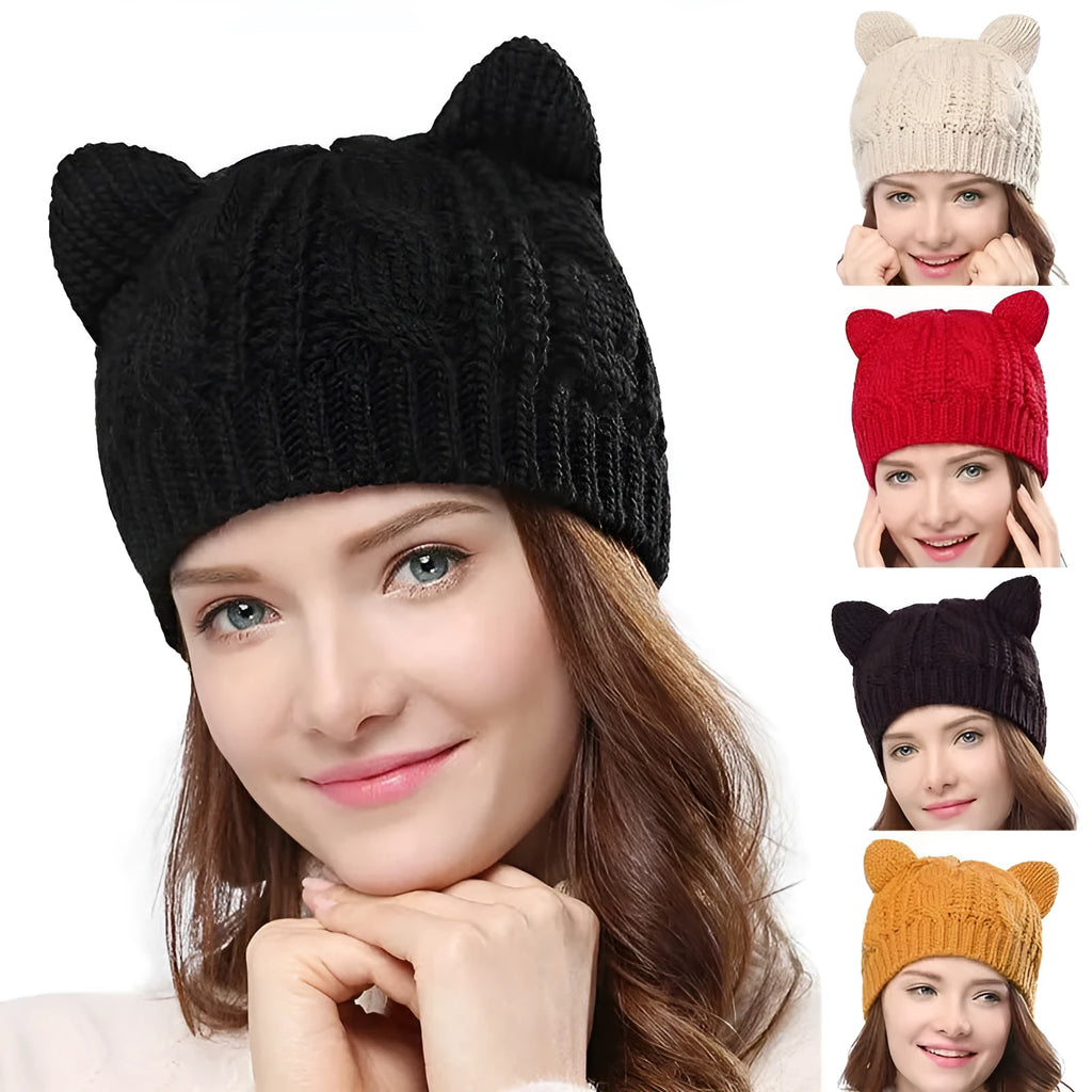 Hand knitted winter beanie with 3D cat ears in soft wool, shown in multiple colours.