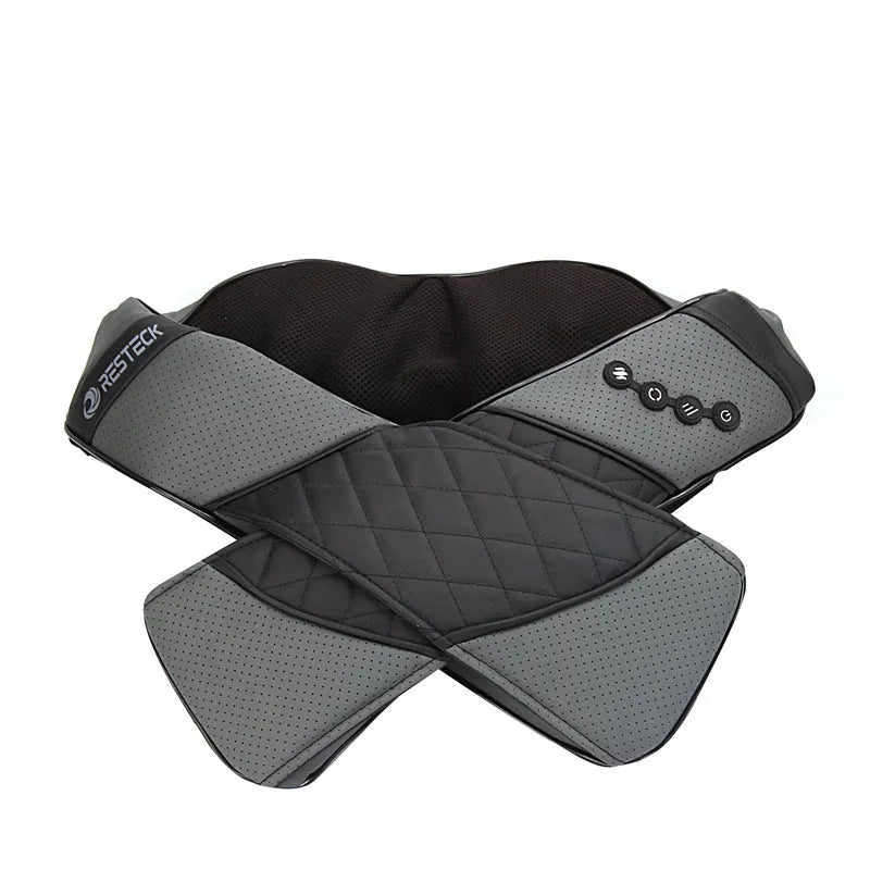 Grey electric massage shawl draped over shoulders with control unit and power cord visible