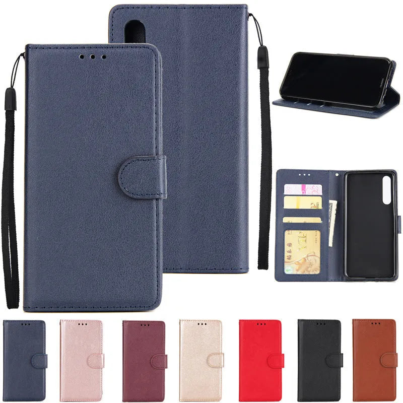 Flip wallet holder open to show card slots and phone compartment in brown imitation leather