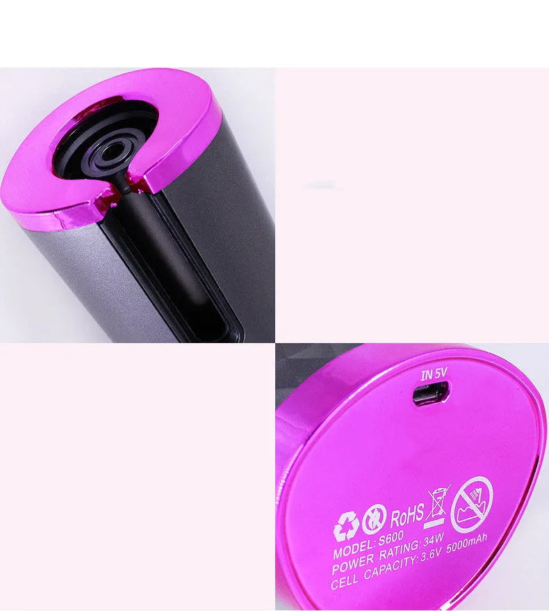 Rechargeable automatic hair curler with LCD display in black, pink, pink-grey, or white.