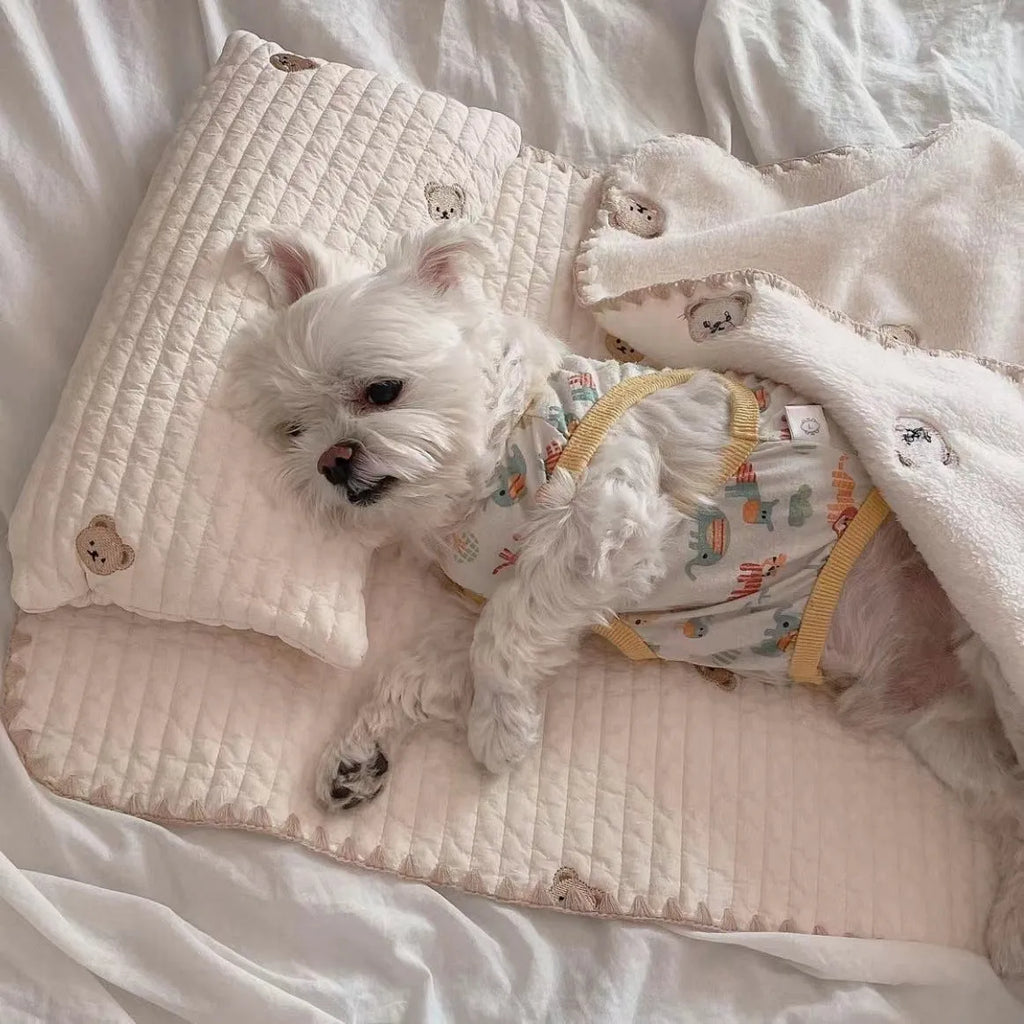 Simple Bear design dog bed set with pillow, mattress, and washable comforter in fashion square mat style