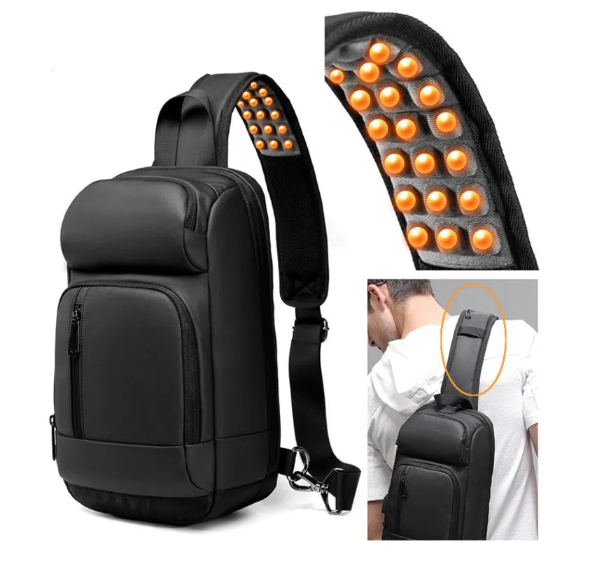 Black square PVC outdoor shoulder bag with an air cushion strap and zipper opening.