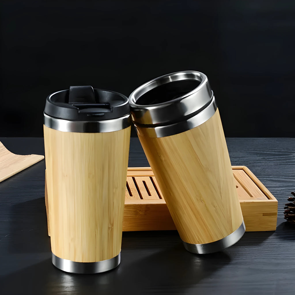 420ml bamboo coffee cup with stainless steel leak-proof lid and foam anti-slip pad