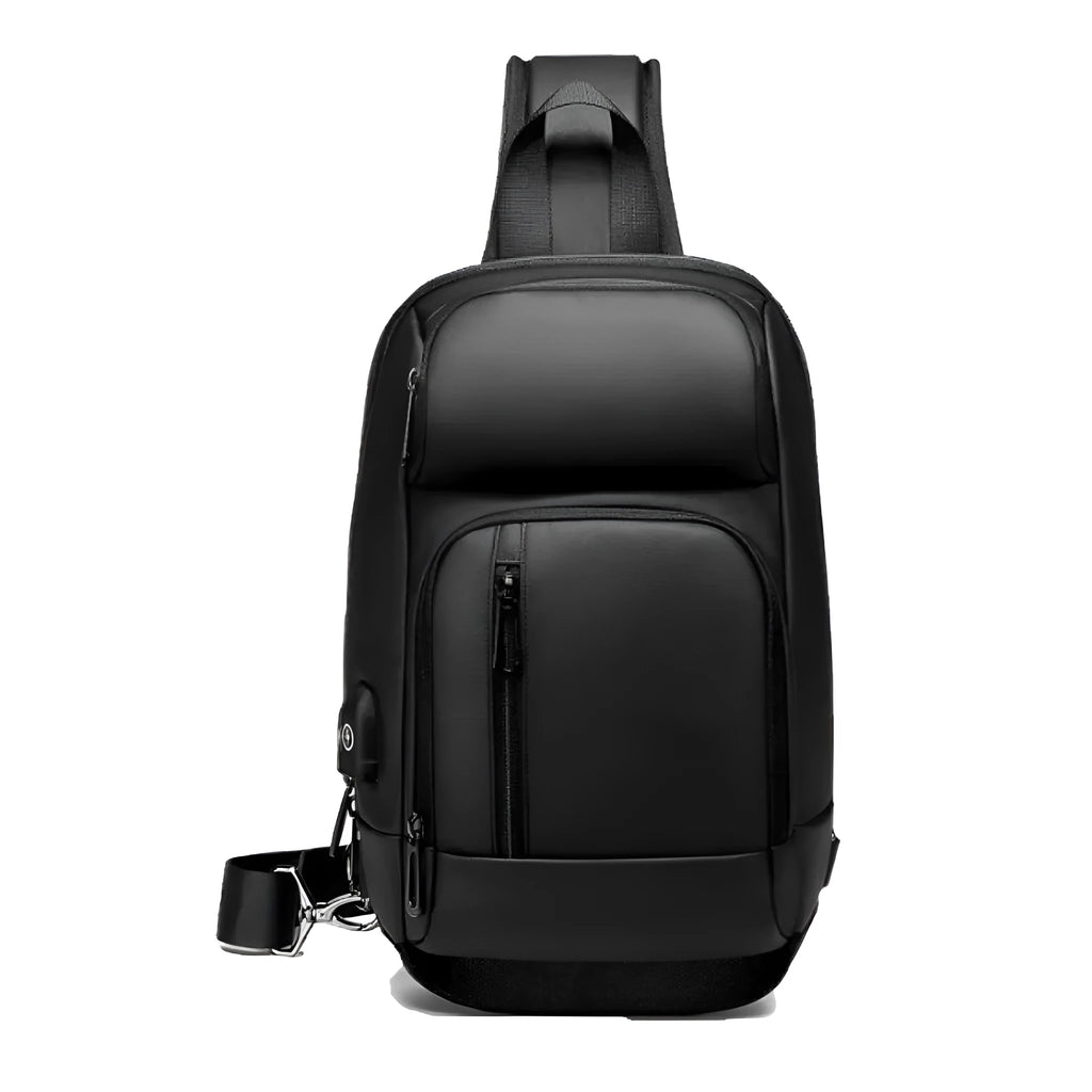 Black square PVC outdoor shoulder bag with an air cushion strap and zipper opening.