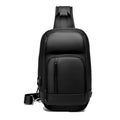 Black square PVC outdoor shoulder bag with an air cushion strap and zipper opening.