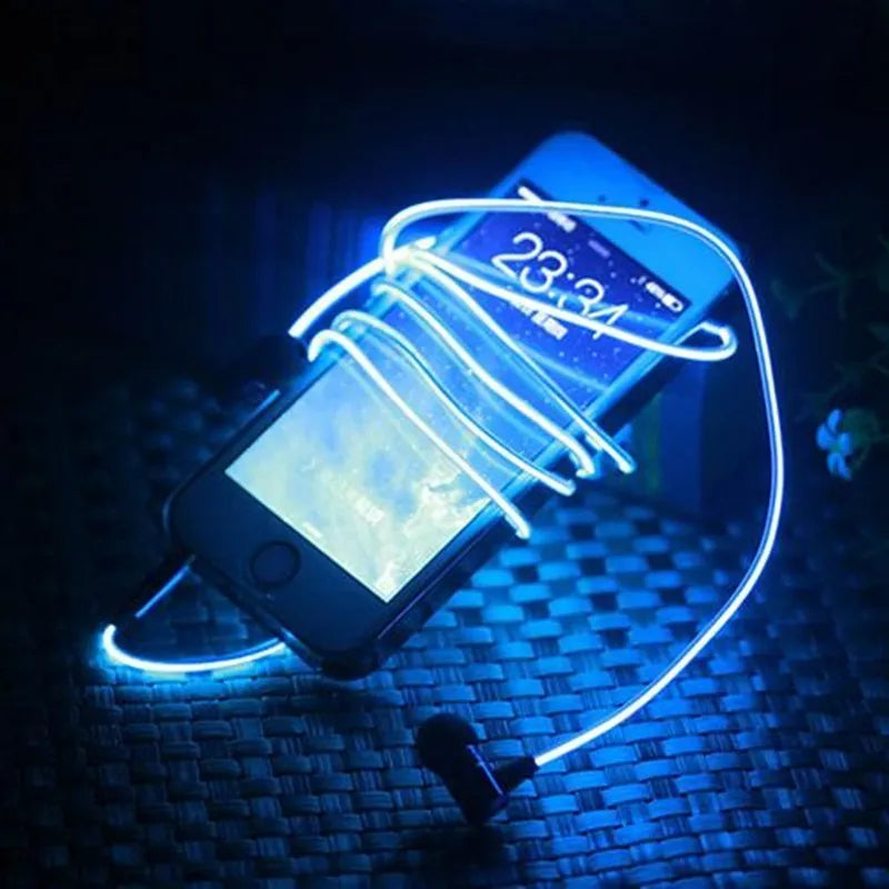 Blue wired LED light-up earphones with 3.5mm plug and inline remote control on a dark background.