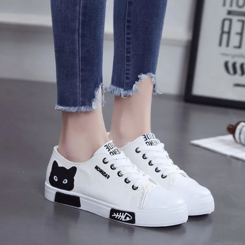 Pink canvas cat fish print lace-up sneakers for women with cotton upper and rubber sole