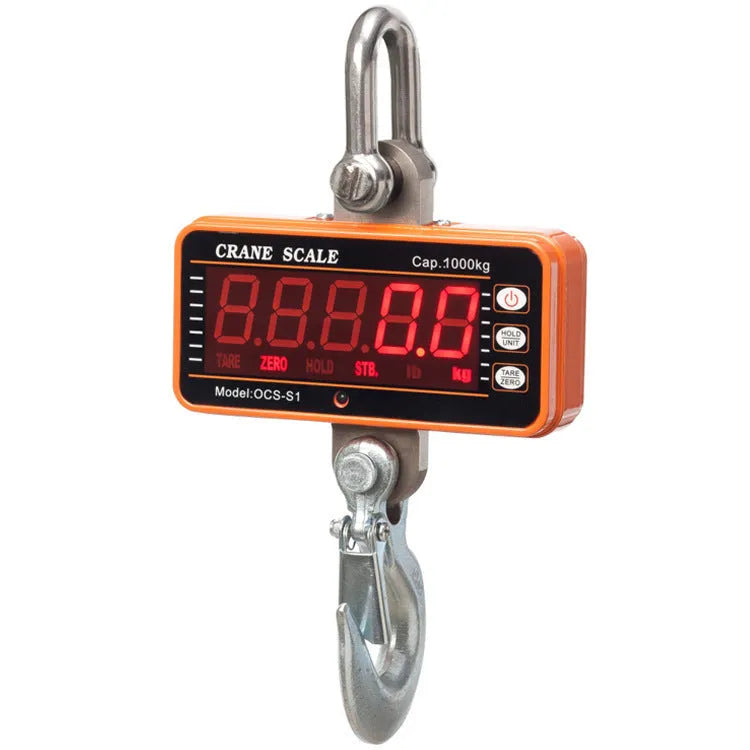 Orange digital display electronic crane scale with hook for 500 kg heavy-duty weighing.