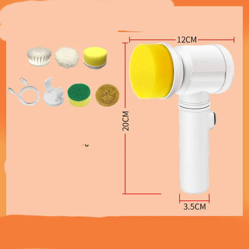 Rechargeable electric kitchen cleaning brush with multiple brush heads on a storage hook.