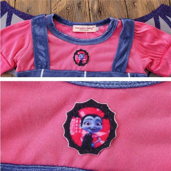 Blue cotton short sleeve princess dress for a young child, shown on a hanger.