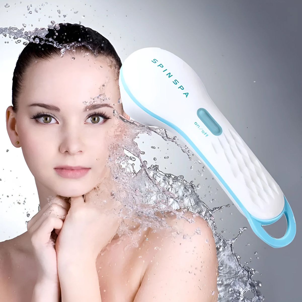 Electric facial cleanser in white and blue with mild brush surface, 14x6x21cm, for deep cleaning and gentle exfoliation