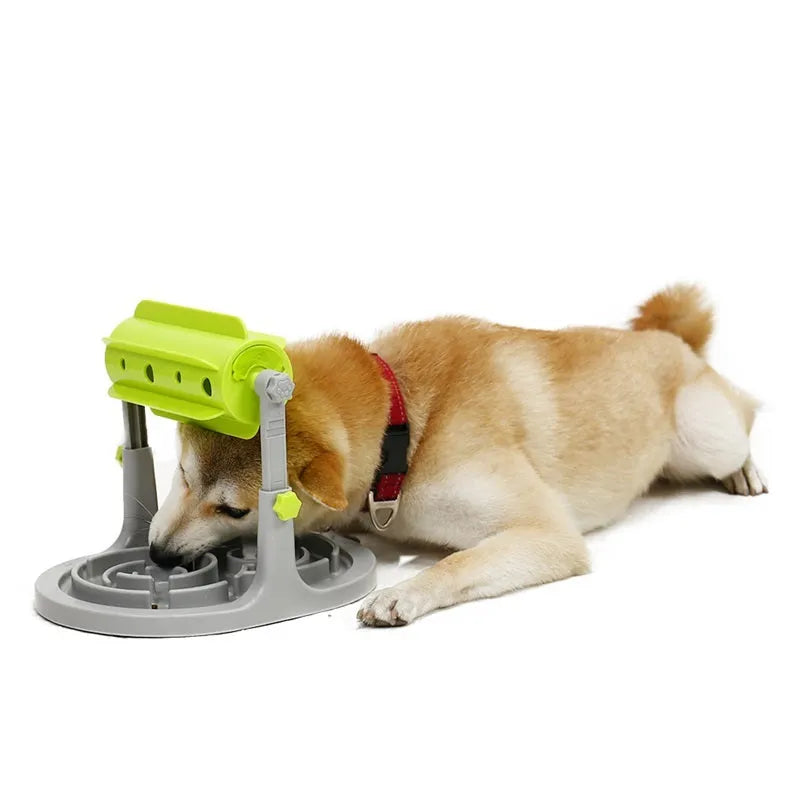 Rotatable slow feeder dog bowl in ABS plastic, 32x25x27cm, available in blue, green and pink, interactive puzzle toy