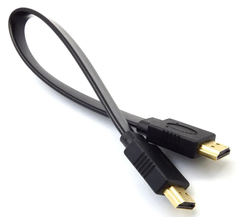 Gold-plated HDMI cable on a white background, showing connector detail.