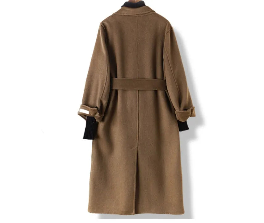 Long wool coat with suit collar in black and caramel colours showing front styling