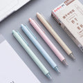 Set of twelve 0.5mm push-type gel pens in beige, blue, green, and pink barrels with black ink.