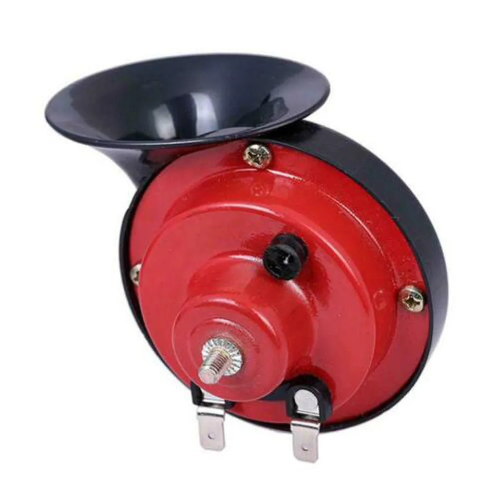 Red 12V single tone snail horn, 110dB, 30W, copper voice coil, plastic diaphragm, for motorcycle use