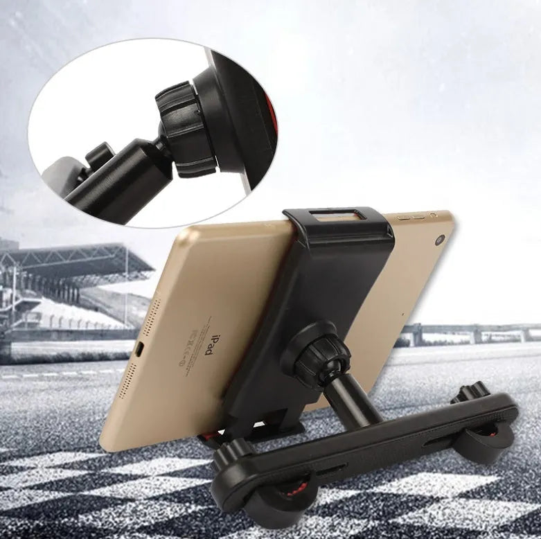 Black car seat tablet holder mounted on headrest with iPad