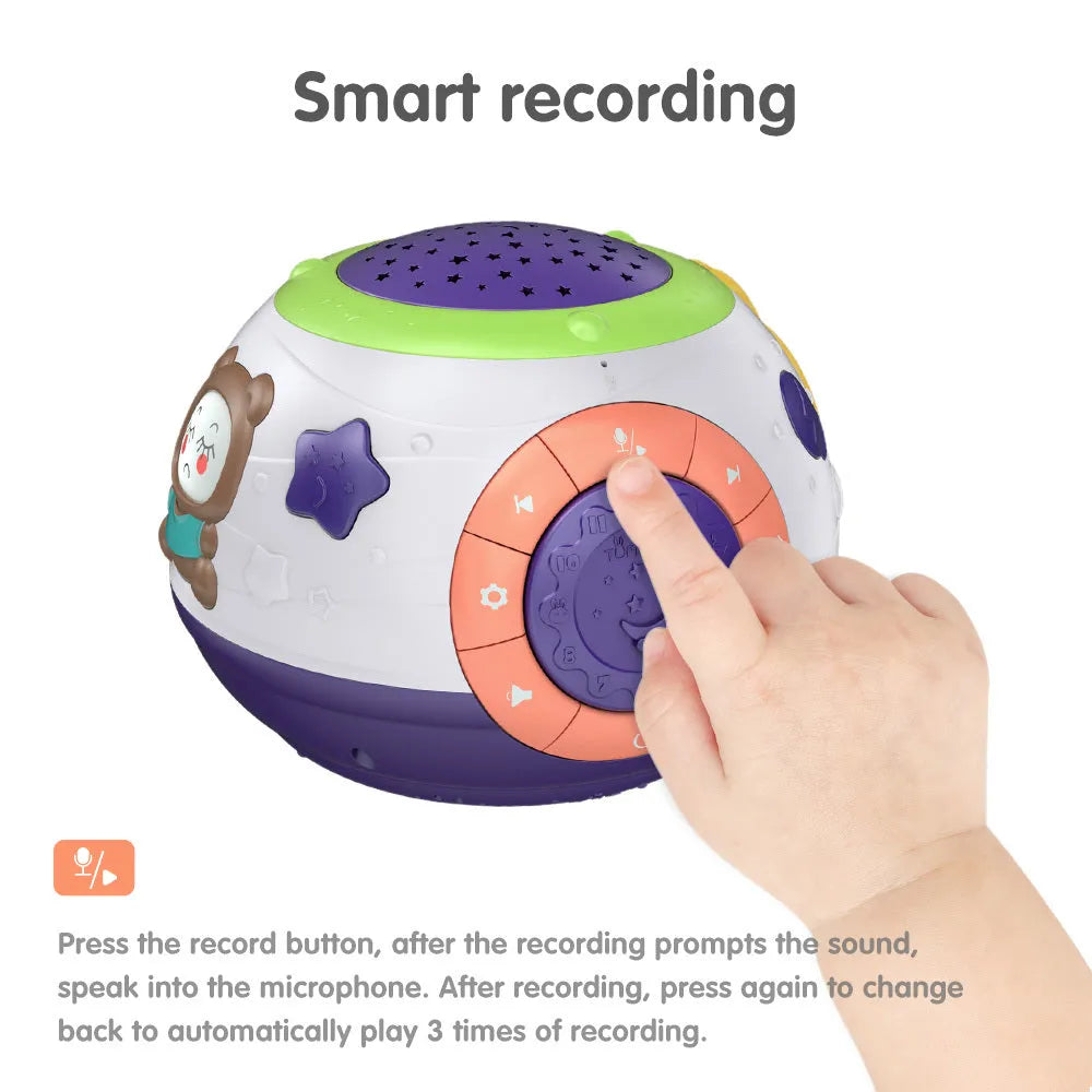 White starry sky night light projector for children showing control button and projection pattern