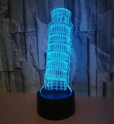 3D Leaning Tower of Pisa LED nightlight with colour-changing lights on a black square base.