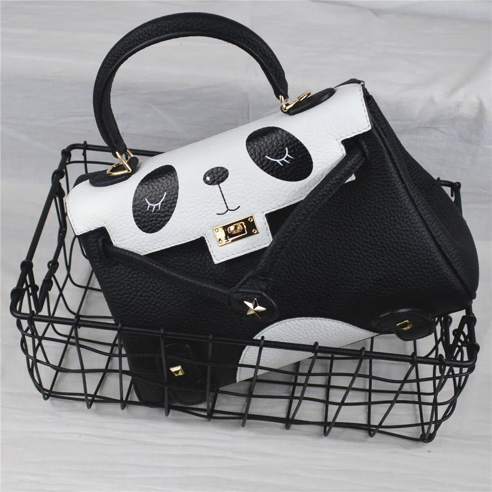 Panda print on a structured horizontal square leather handbag made from first-layer cowhide, shown in two size options.