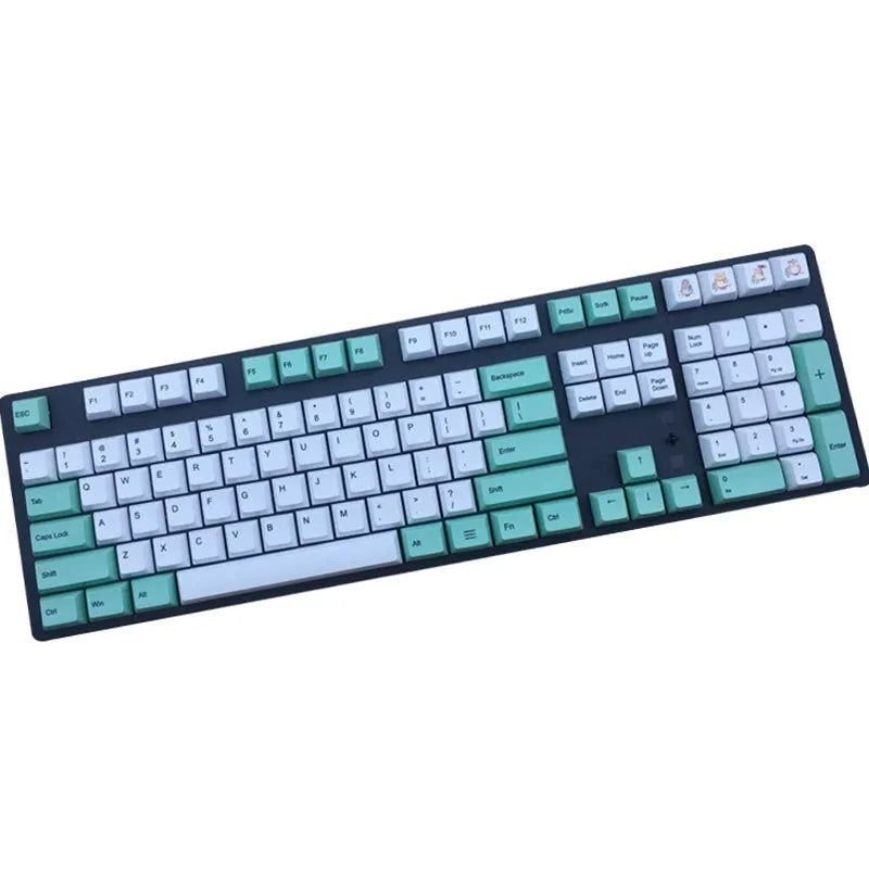 Set of PBT sublimation keycaps showing Japanese, Russian, and Korean language characters for mechanical keyboards.