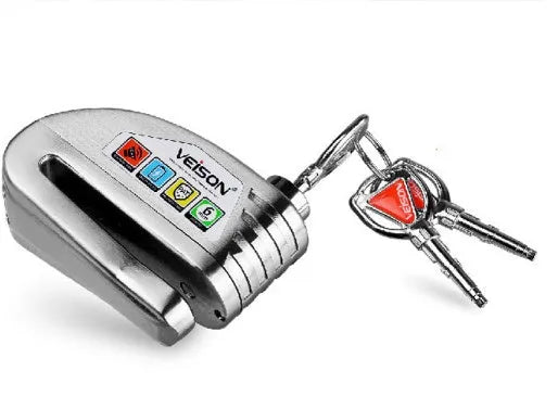 Alloy alarm disc brake lock with 6mm bolt, 55mm slot, Black or Silver, 130dB alarm, three keys