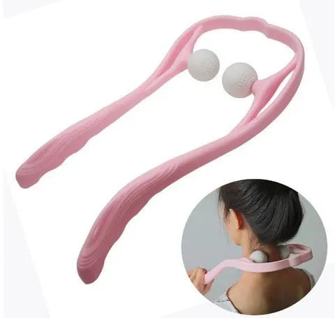 A pink plastic hand-held neck massager with a swan-neck shape and removable roller head for pressure point therapy.