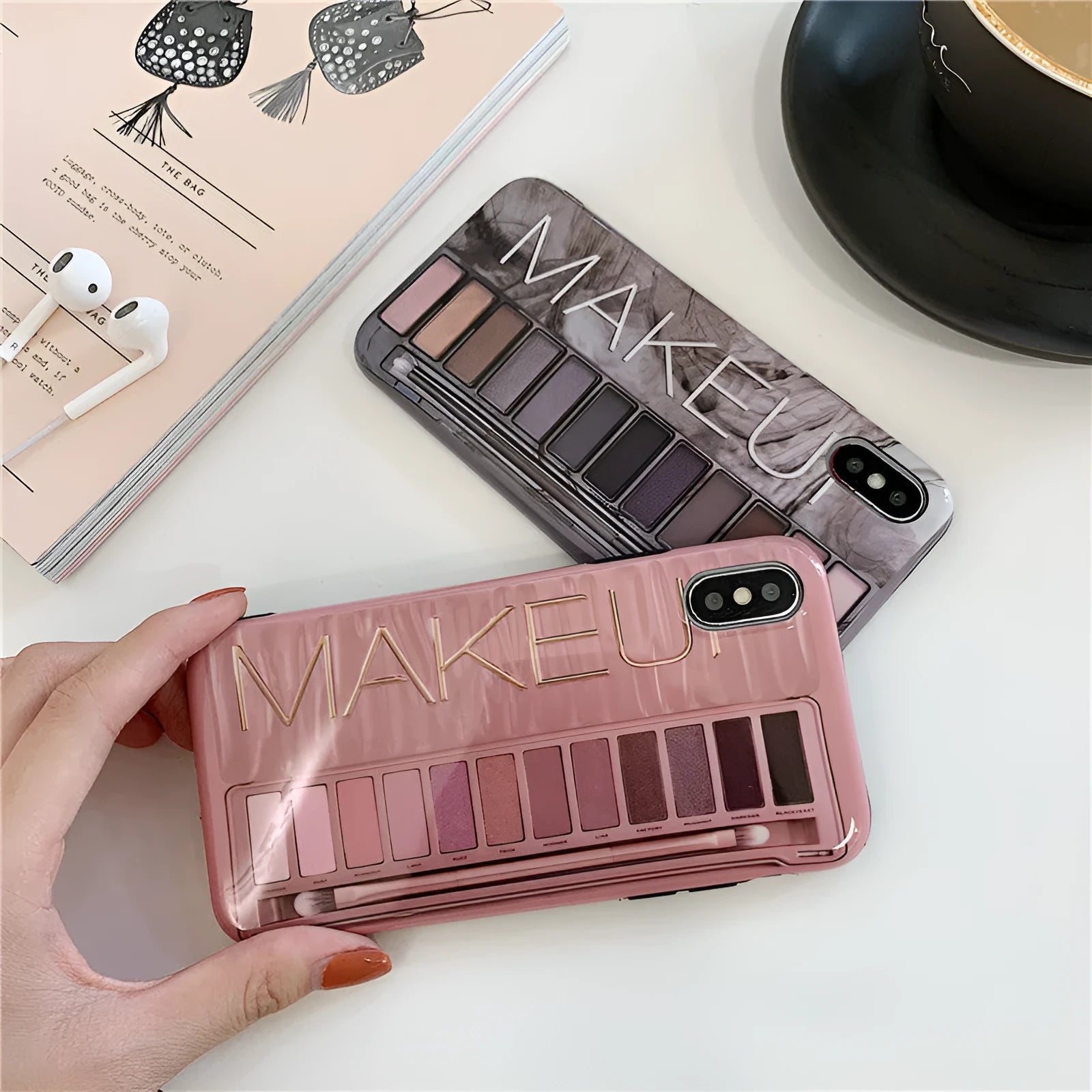 Flesh and grey silicone eye shadow phone cases for various iPhone models.