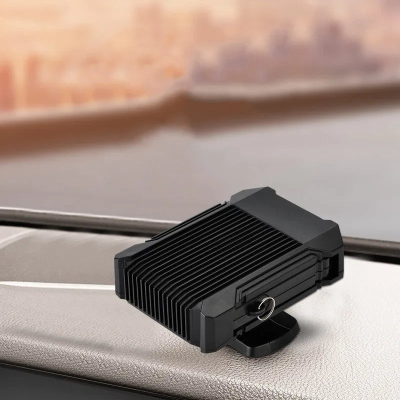 Black 12V car heater defroster fan with ABS plastic housing, plugging into cigarette lighter socket
