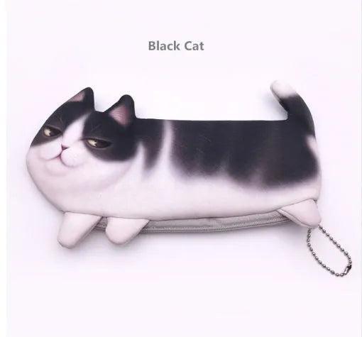 Soft black cosmetic bag with 3D printed cat pattern, showing zipper closure and dimensions of 16cm x 21cm