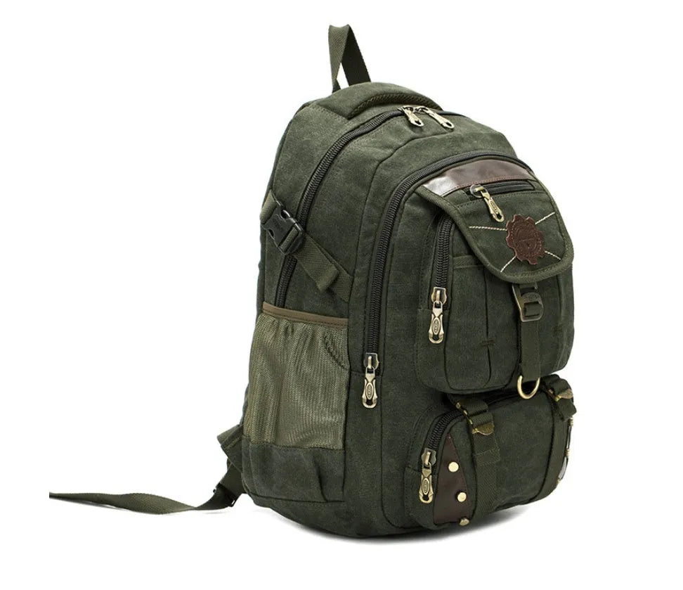 Large canvas travel backpack with air cushion strap in black, 20-35L capacity, front pocket visible