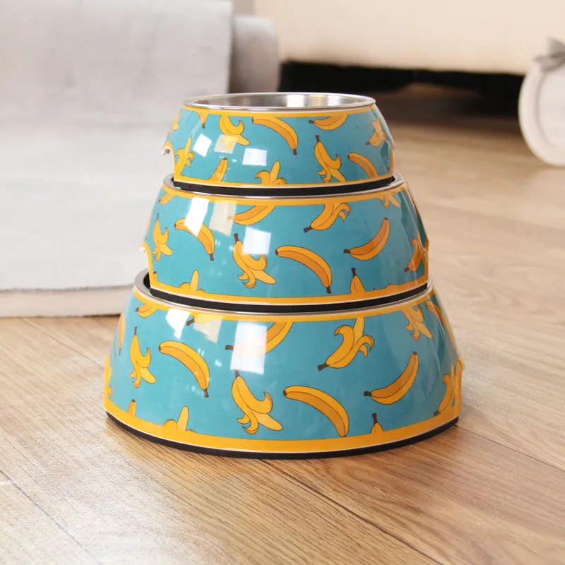 Food grade stainless steel pet dog bowl with detachable melamine shell, thickened construction, available in multiple colours and sizes